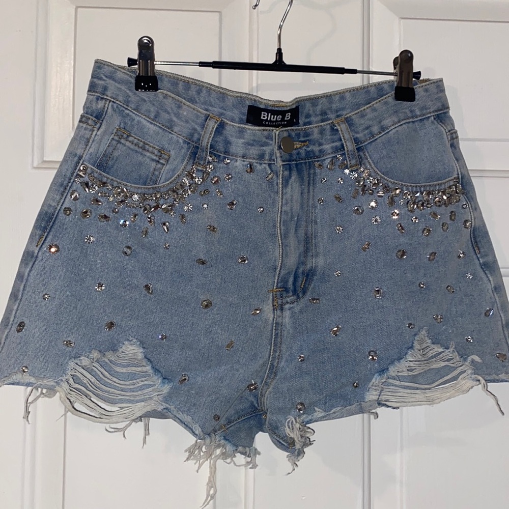 Blue B Collection Crystal Statement Jean Shorts Buckle Diamond Sparkle Denim